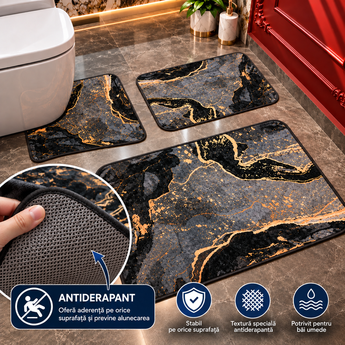 Covorase Baie Premium, ®OPTIMDEKO, 3 Piese, Polipropilena, Antiderapante si Absorbante, Textura Moale, Design Elegant, Model Negru Gold