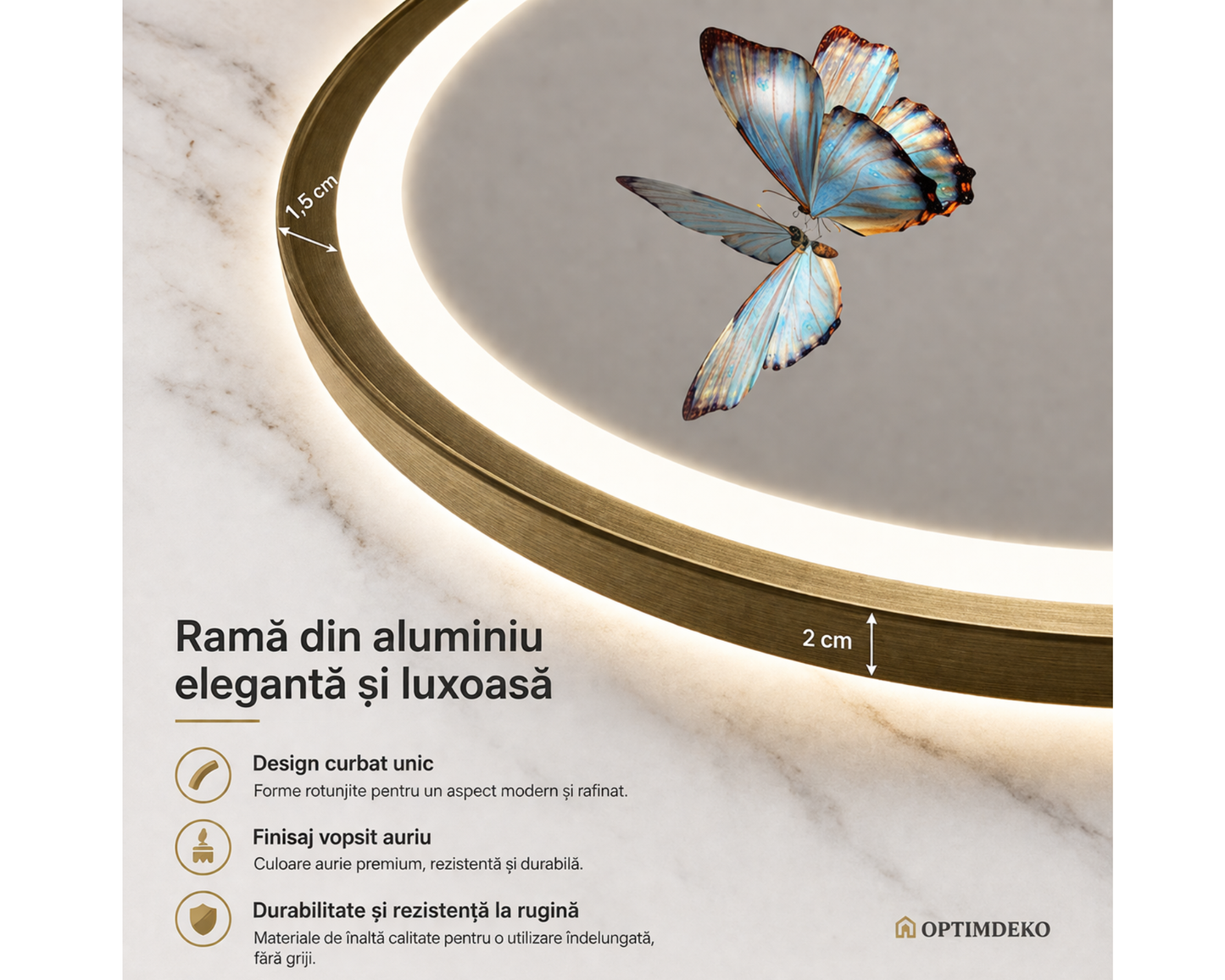 Oglinda LED Rotunda cu Functie Dezaburire si Sistem Touch, Auriu Periat E04/70x70cm