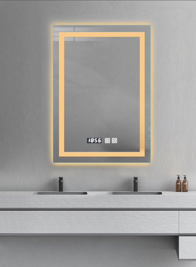 Oglinda LED Colectia Marcello Funghi Dreptunghiulara, cu Functie Dezaburire, Afisaj Ceas Electronic, si Sistem Touch, Lumina calda, Lumina rece