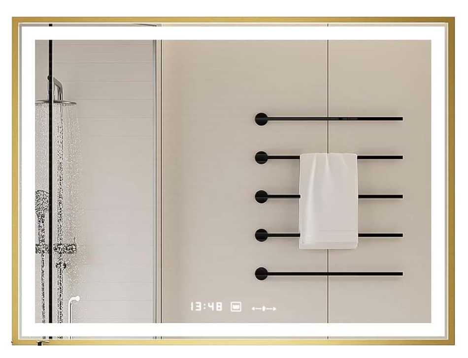 Oglinda LED Colectia Marcello Funghi Dreptunghiulara, cu Functie Dezaburire si Sistem Touch, Rama Aurie, model W10/80x60cm
