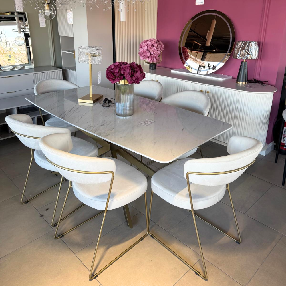 Masa Piatra Carrera White 180x90x 2.5 cm + 6 scaune asortate