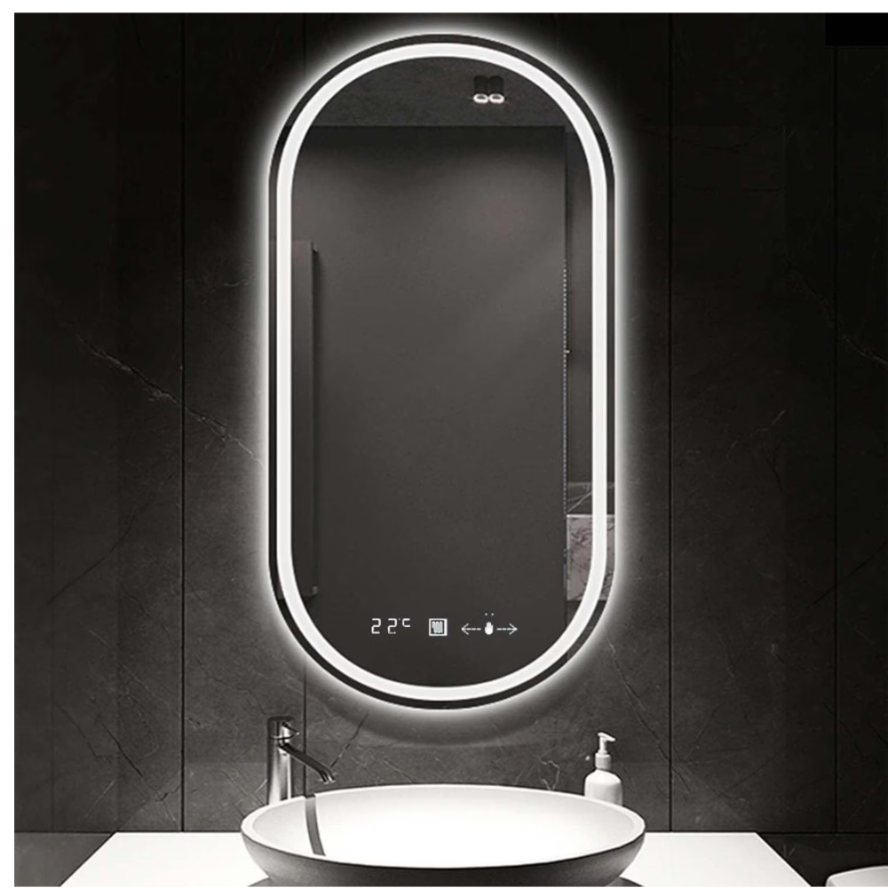 Oglinda LED din Colectia Marcello Funghi Ovala, cu Functie Dezaburire, Ceas, Termometru si Sistem Touch, model W14/60x80cm