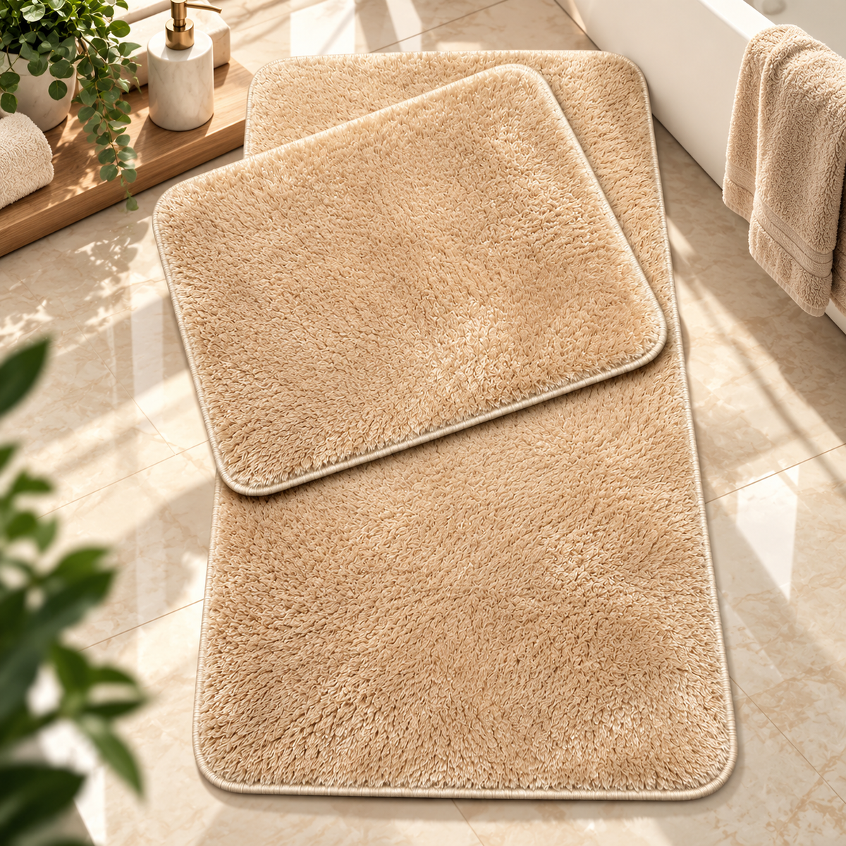 Set Covorase de Baie Ultra Pufoase si Antiderapante, 100x60 + 60x50 cm, Confort Premium, Roz Pudra
