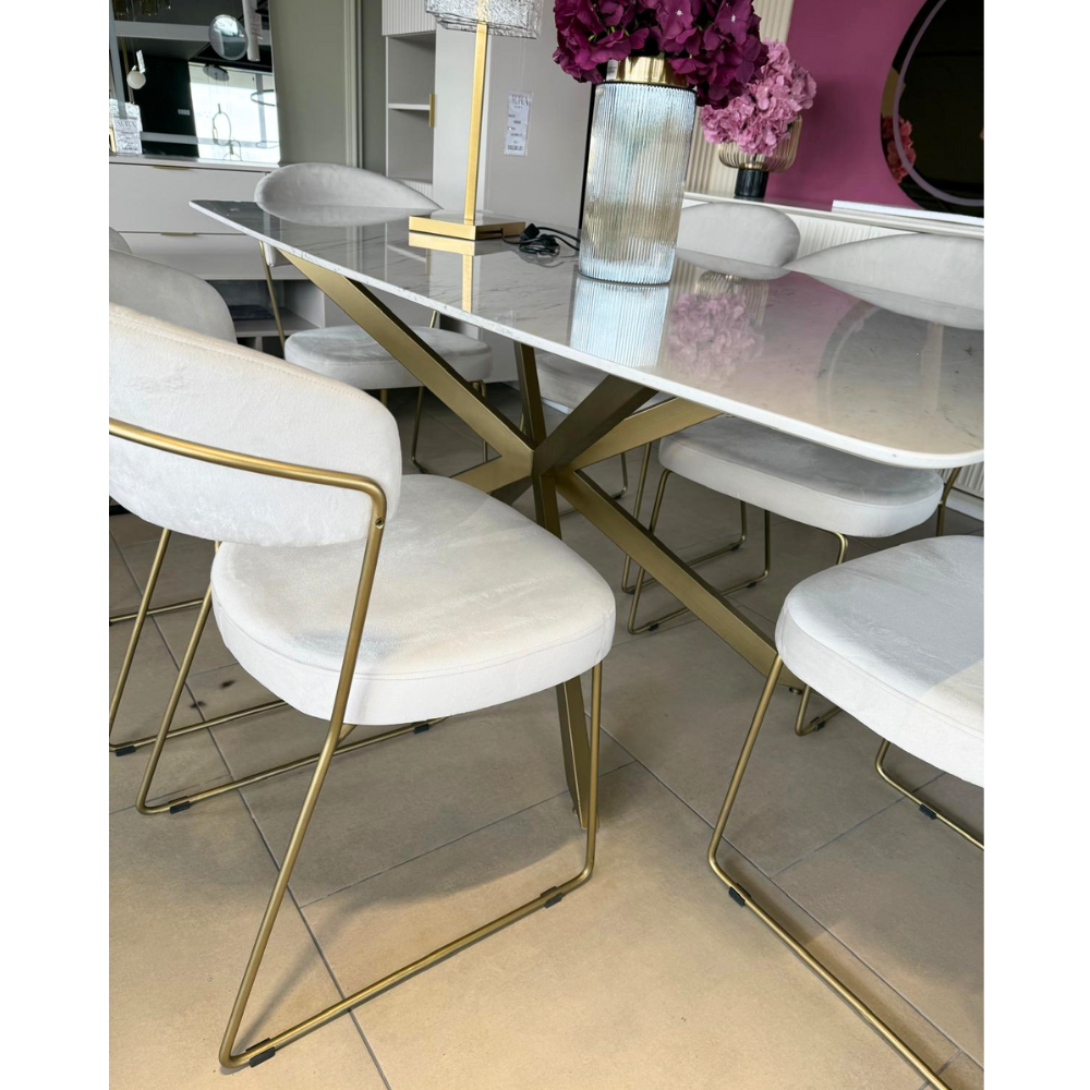 Masa Piatra Carrera White 180x90x 2.5 cm + 6 scaune asortate