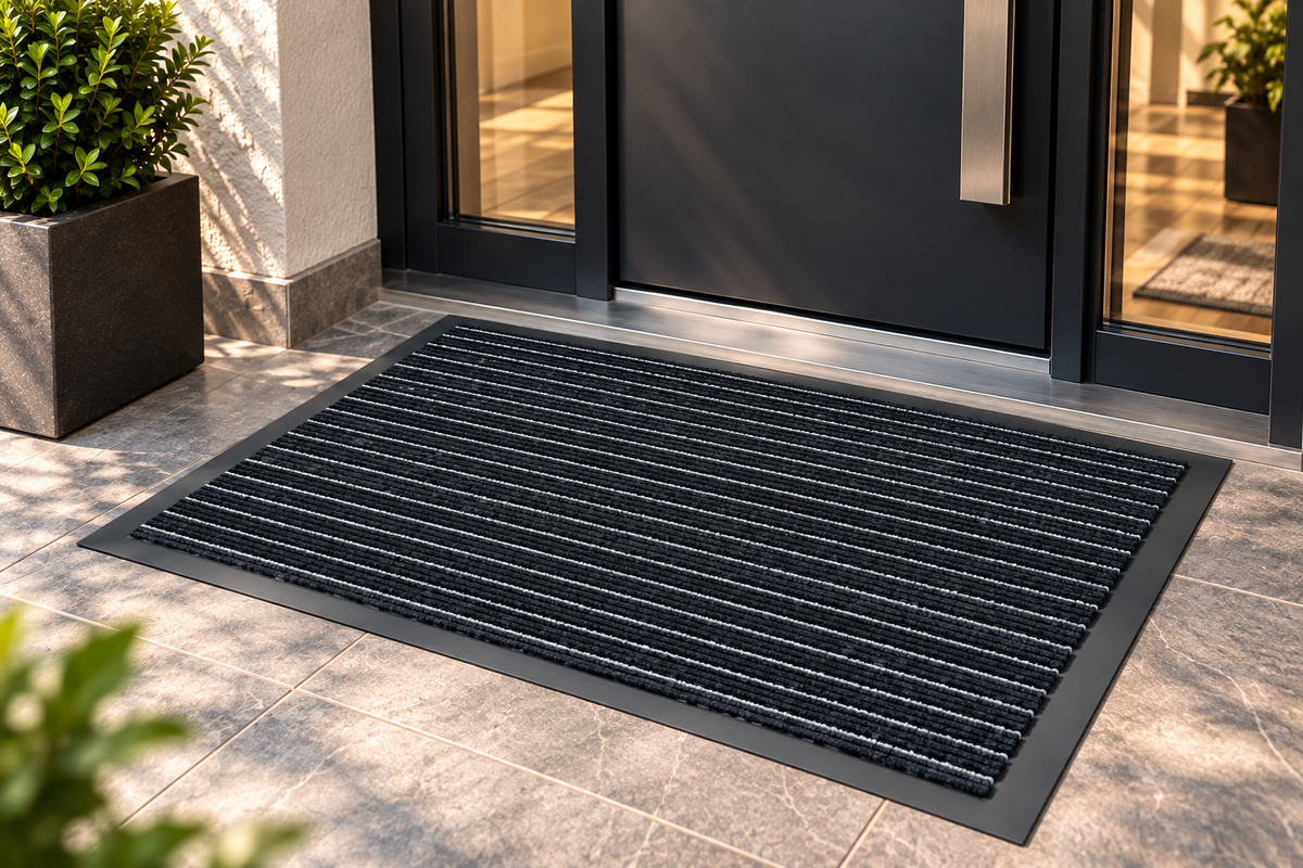 Covoras de Intrare OPTIMDEKO, 60 x 40 cm, Antiderapant, Absorbant si Antimurdarie, Baza din Cauciuc, Rezistent, pentru Interior si Exterior, Gri & Negru
