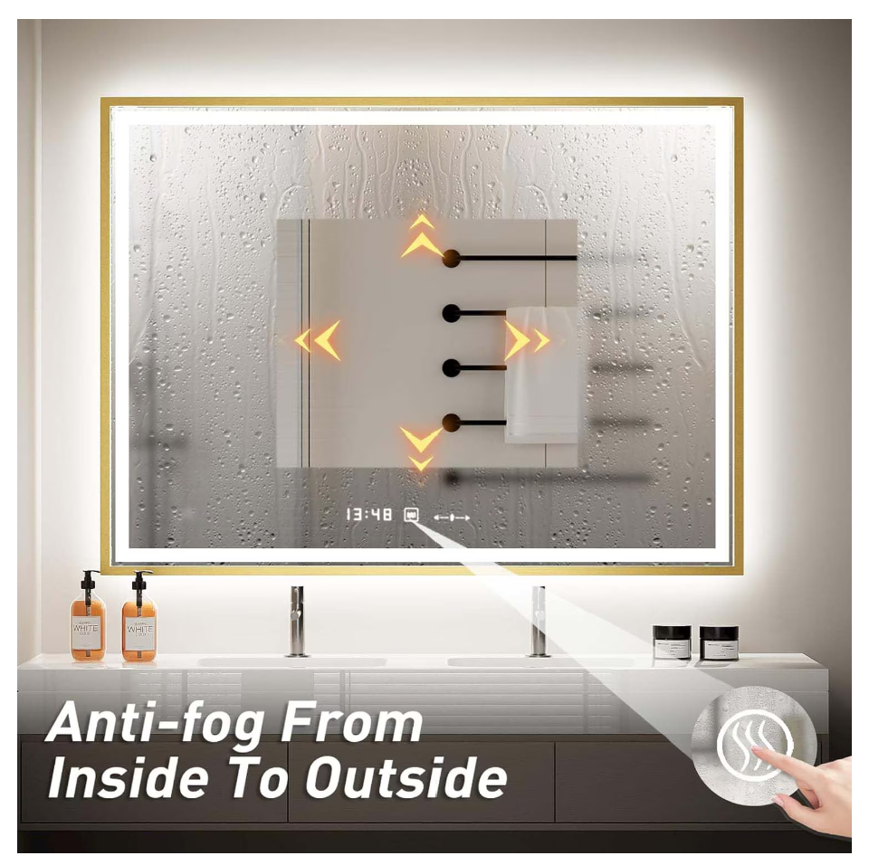 Oglinda LED Colectia Marcello Funghi Dreptunghiulara, cu Functie Dezaburire si Sistem Touch, Rama Aurie, model W10/80x60cm
