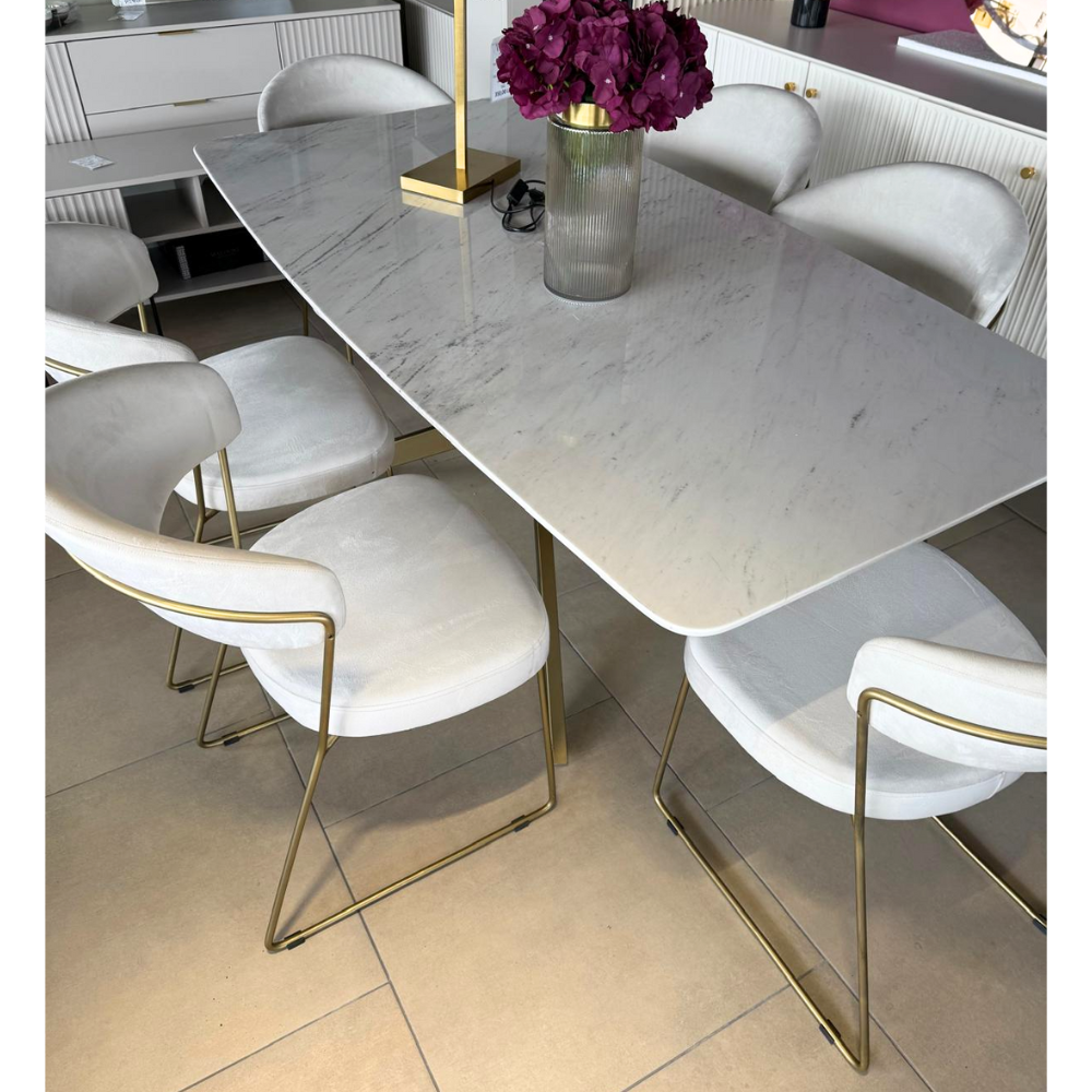 Masa Piatra Carrera White 180x90x 2.5 cm + 6 scaune asortate