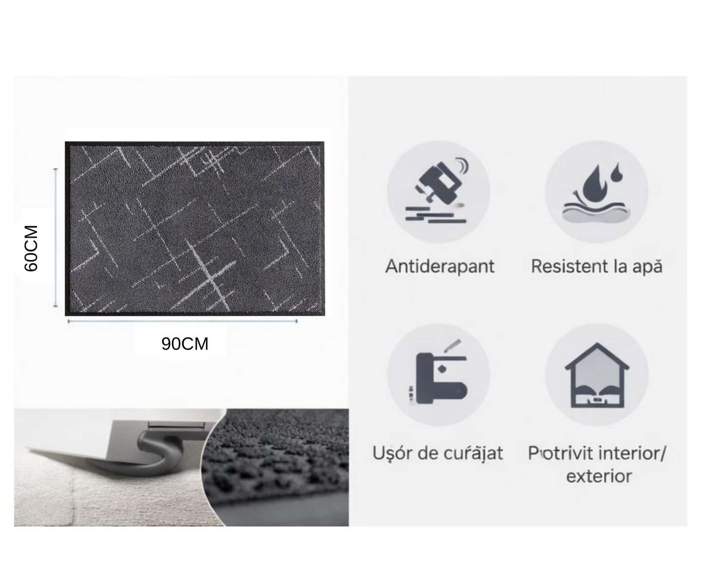 Covoras intrare gri 90x60 cm, ®OPTIMDEKO, antiderapant, rezistent, absorbtie murdarie si apa, interior/exterior, PC104