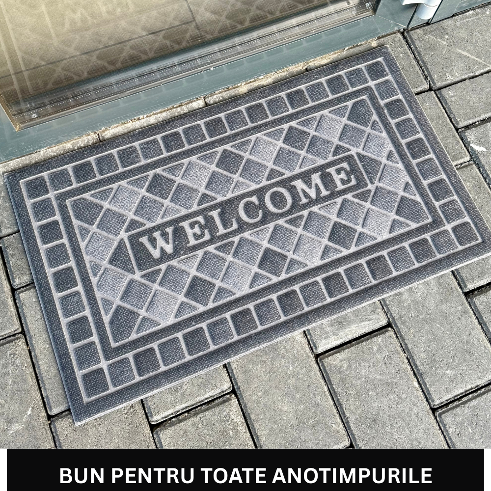 Covoras de intrare WELCOME, ®OPTIMDEKO, antiderapant, rezistent si decorativ, 75 x 43 cm, gri inchis