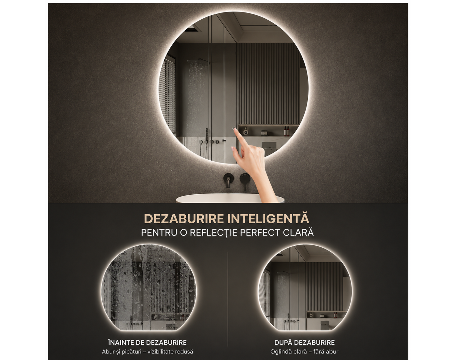 Oglindă LED Semilună E52/54x60 cm Arcana Touch cu Funcție Dezaburire și Iluminare LED Dimabilă