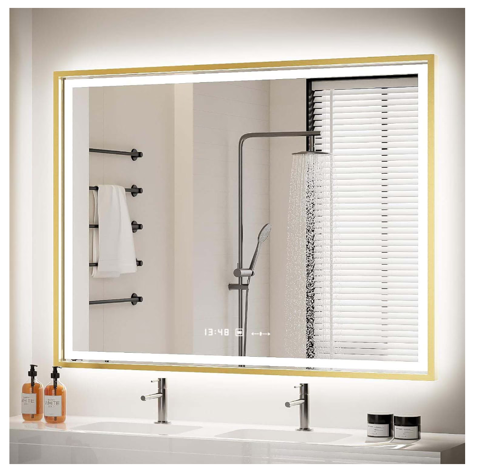 Oglinda LED Colectia Marcello Funghi Dreptunghiulara, cu Functie Dezaburire si Sistem Touch, Rama Aurie, model W10/80x60cm