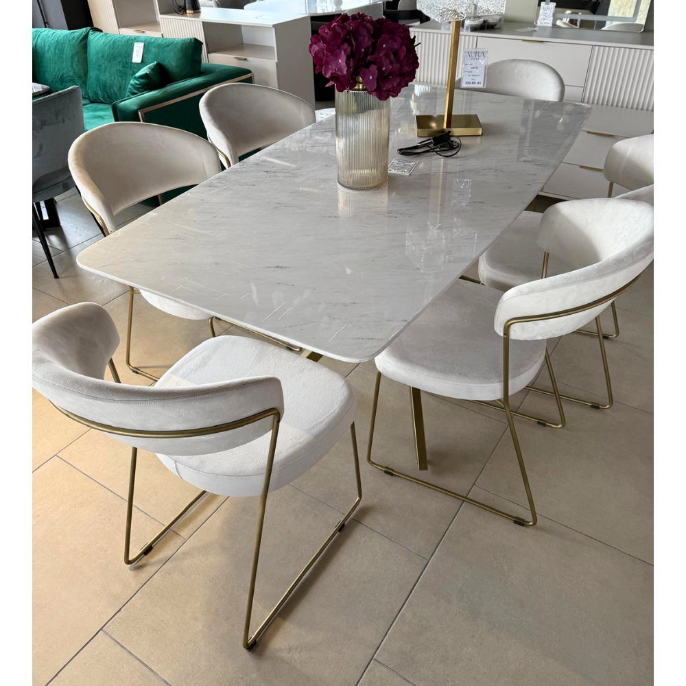 Masa Piatra Carrera White 180x90x 2.5 cm + 6 scaune asortate