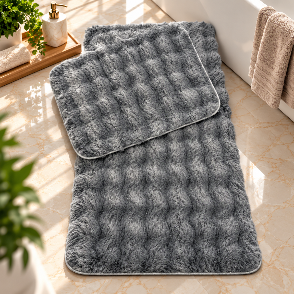 Set Covorase de Baie Ultra Pufoase si Antiderapante, 100x60 + 60x50 cm, Confort Premium, Grey