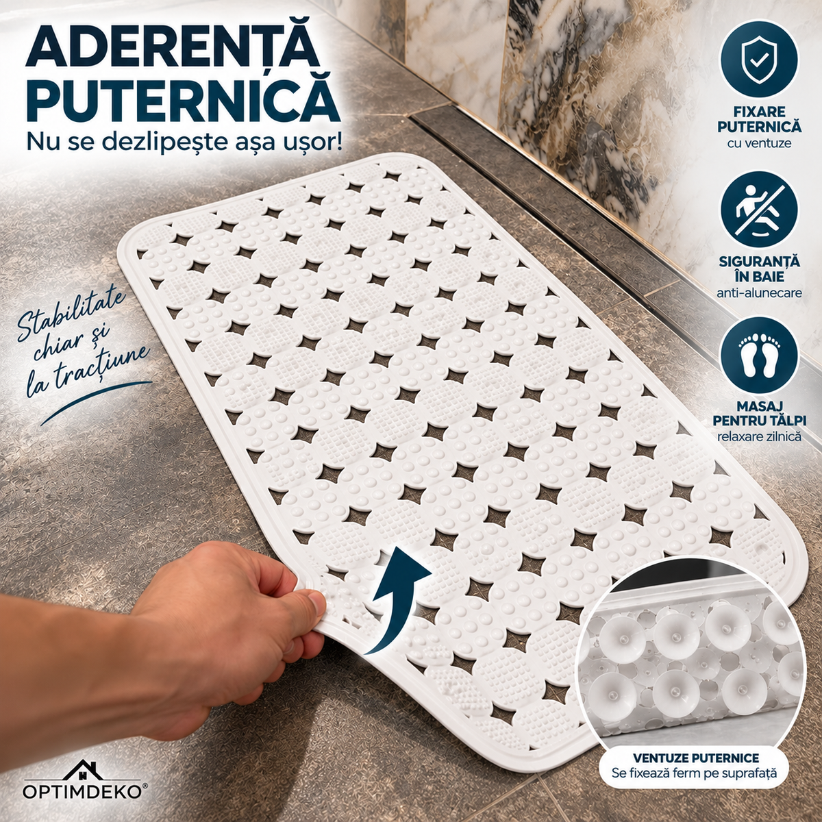 Covoras Antiderapant pentru Cada si Dus OptimDeko®, Transparent, PVC Premium, Ventuze Puternice, Textura cu Masaj pentru Talpi, Drenaj Rapid, Flexibil si Usor de Curatat, 65 x 36 cm, Alb