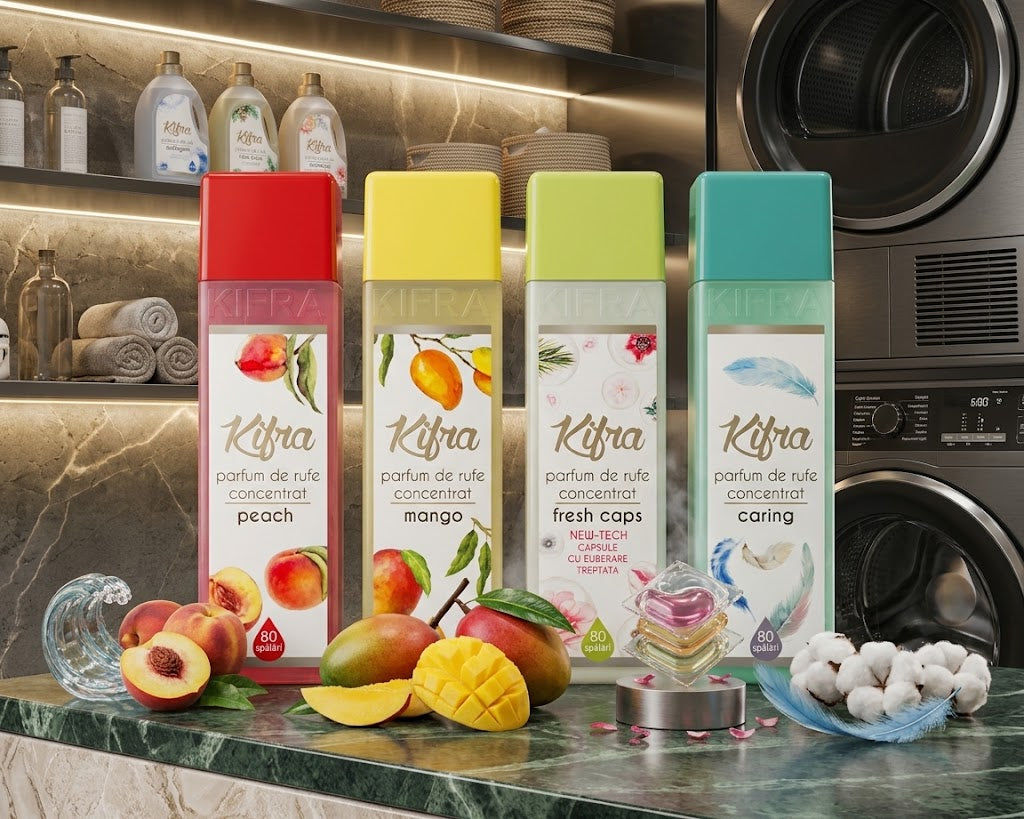 Pachet Parfum rufe Kifra Peach+ Kifra Mango+ Kifra Fresh Caps + Kifra Caring, 4x200ml, 4x80 spalari