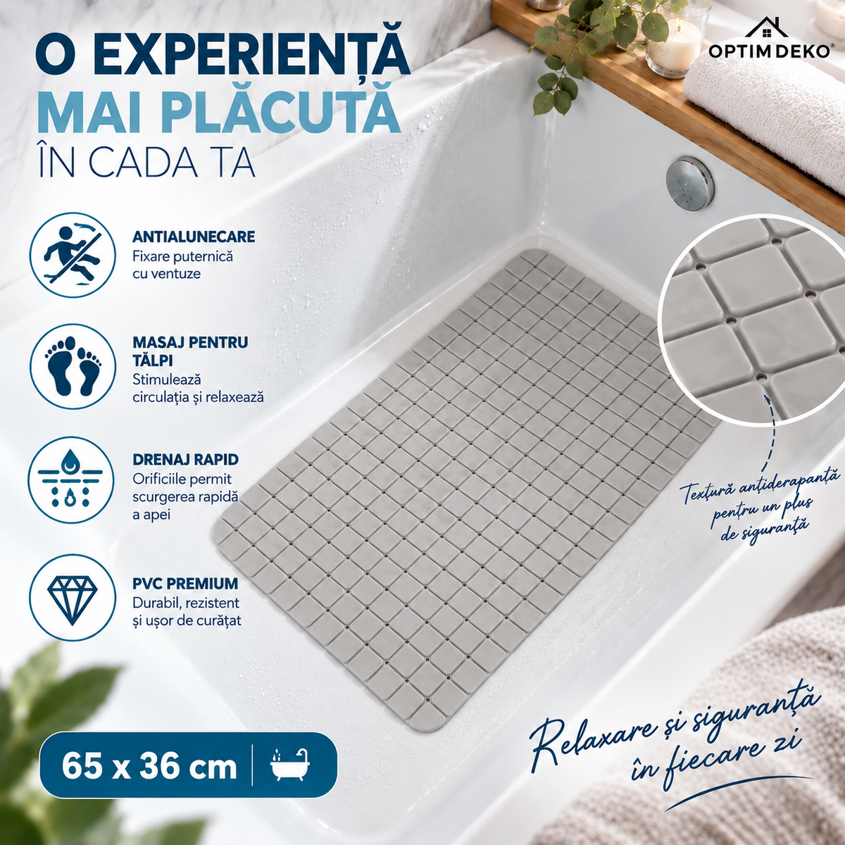 Covoras Antiderapant pentru Cada si Dus ®OPTIMDEKO, 70x40 cm, PVC Premium, Ventuze Puternice, Drenaj Rapid, Gri