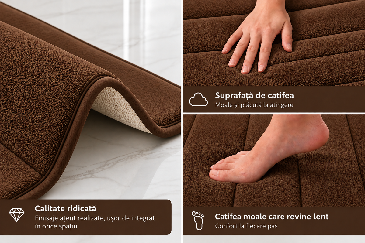 Covorase de Baie ®OPTIMDEKO, Spuma cu Memorie, 80x50 cm + 50x40 cm, Suprafata Moale si Absorbanta, Antiderapante, Lavabile, pentru Baie si WC, Maro