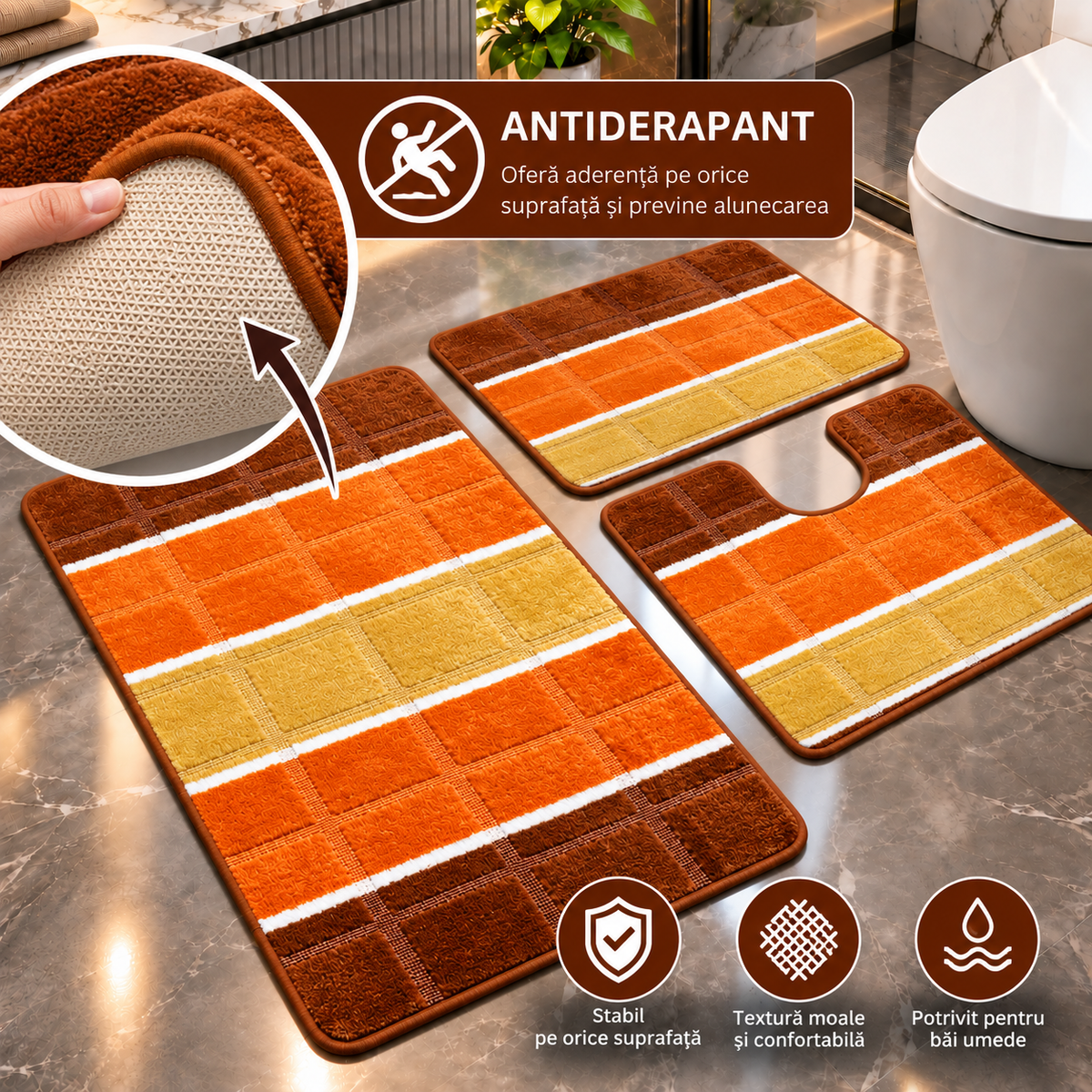 Covoras Baie Set 3 Piese, ®OPTIMDEKO, Antiderapant, Absorbant, 100x60 cm, 60x50 cm, 40x60 cm, Moale si Confortabil, Portocaliu Multi
