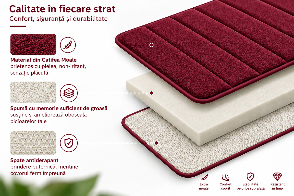 Covorase de Baie ®OPTIMDEKO, Spuma cu Memorie, 80x50 cm + 50x40 cm, Suprafata Moale si Absorbanta, Antiderapante, Lavabile, pentru Baie si WC, Visiniu