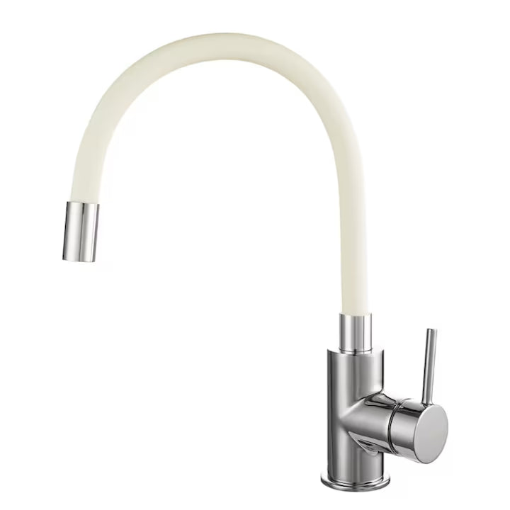 Baterie Chiuveta Bucatarie ®OPTIMDEKO, Flexibila, Inox, Pipa Inalta, Cartus Ceramic, Monocomanda, Racorduri Incluse, Acoperita Silicon, Rotativa, Alb
