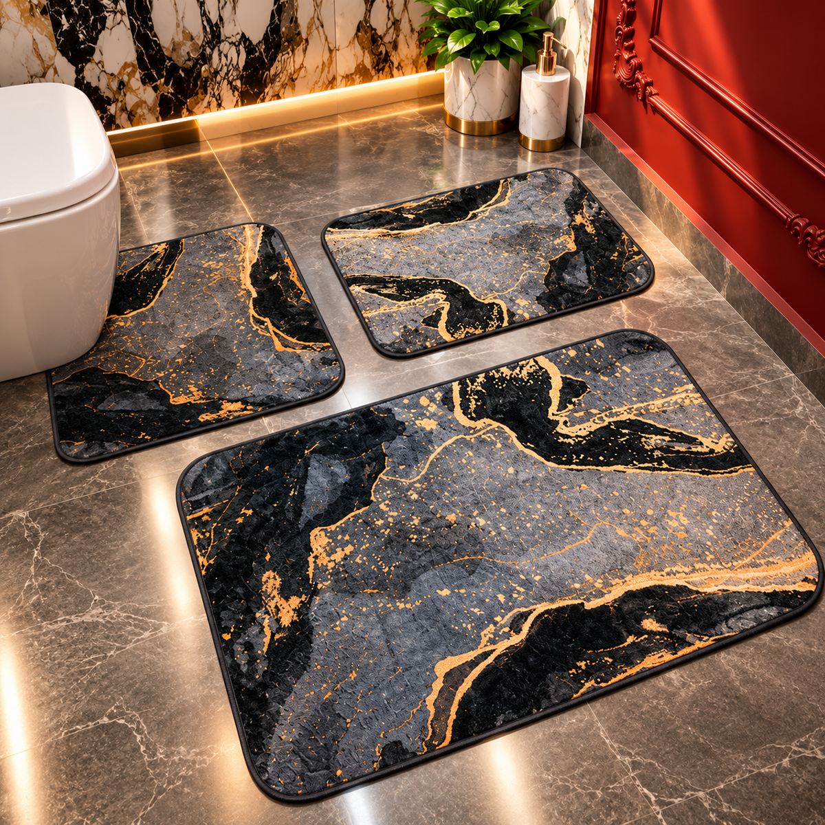 Covorase Baie Premium, ®OPTIMDEKO, 3 Piese, Polipropilena, Antiderapante si Absorbante, Textura Moale, Design Elegant, Model Negru Gold