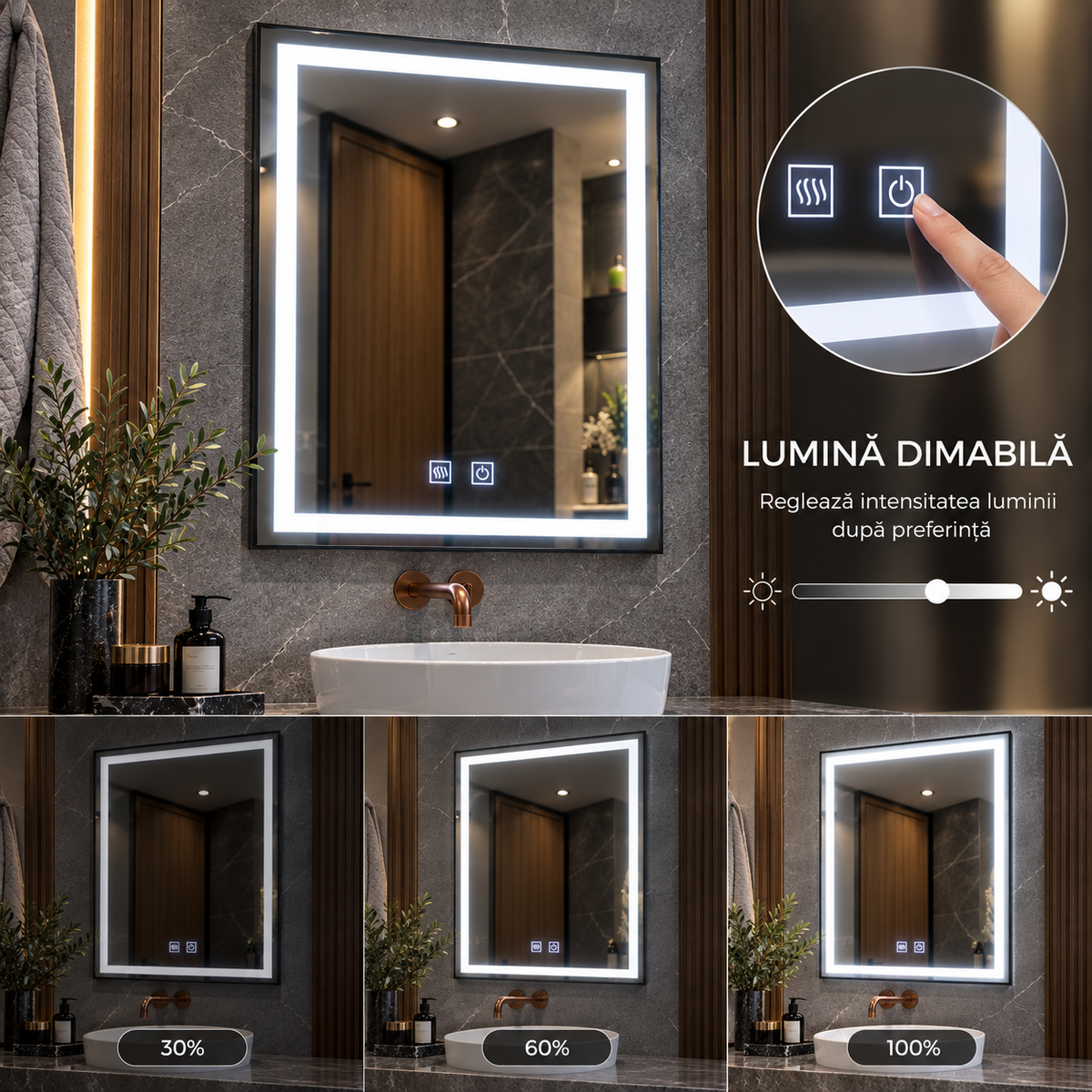 Oglinda LED Touch, Rama Neagra si Dezaburire, E03/60x80 cm, Colectia Korman Technik