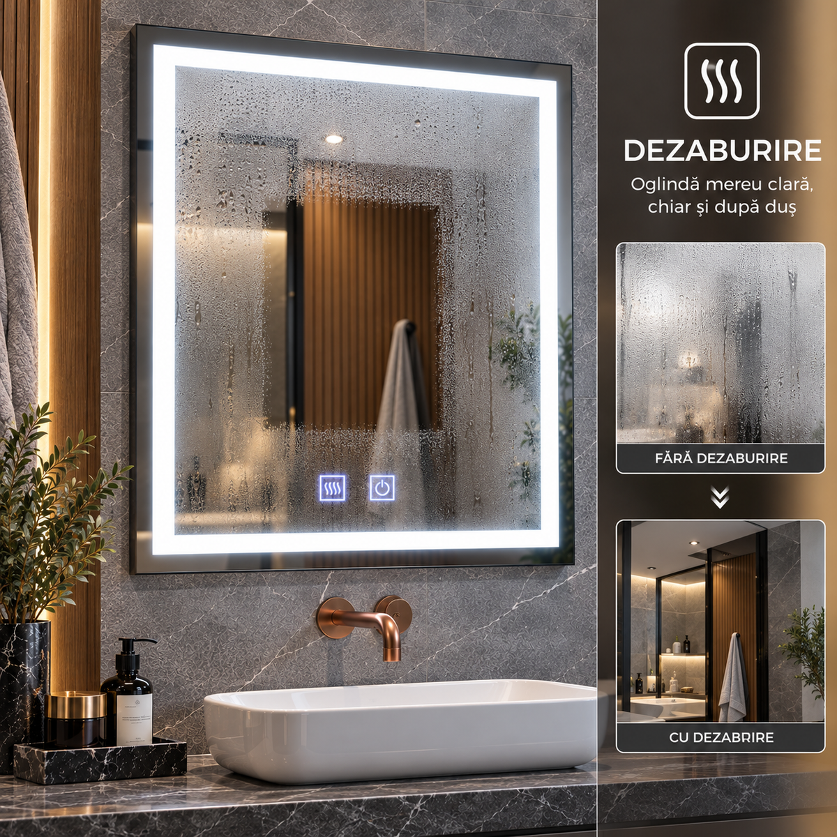 Oglinda LED Touch, Rama Neagra si Dezaburire, E03/60x80 cm, Colectia Korman Technik