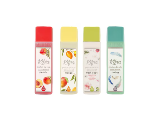 Pachet Parfum rufe Kifra Peach+ Kifra Mango+ Kifra Fresh Caps + Kifra Caring, 4x200ml, 4x80 spalari