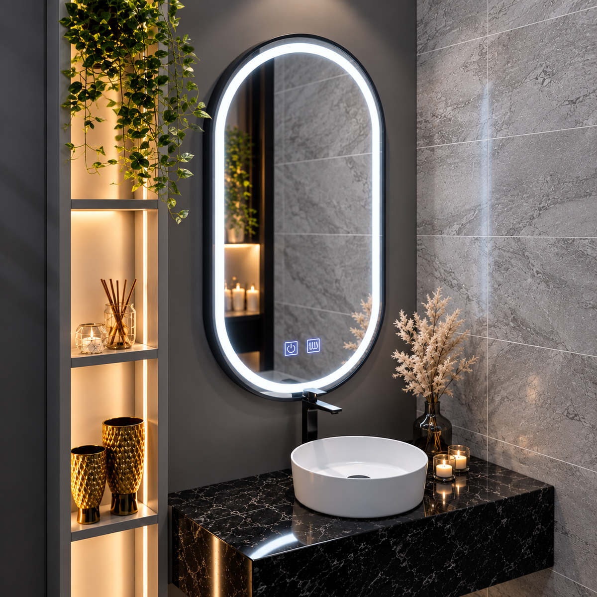 Oglinda LED din Colectia Marcello Funghi Ovala, cu Rama Neagra, si Functie Dezaburire, Dimabila, Sistem Touch, model E15/50x80cm
