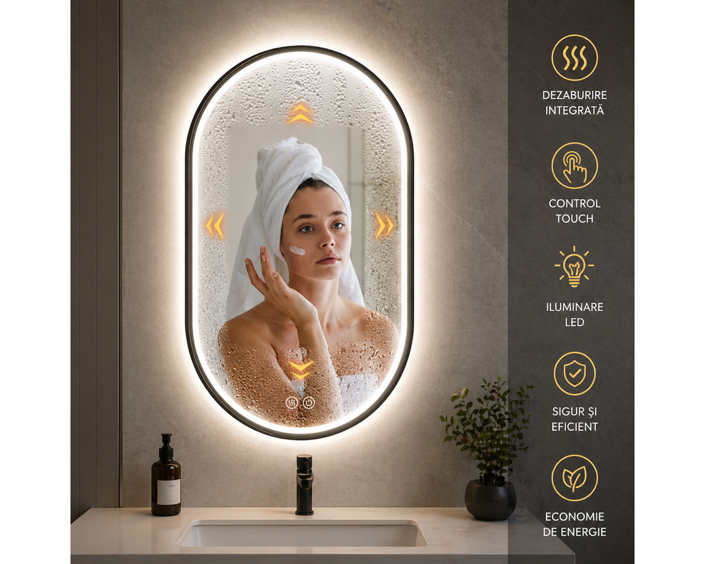 Oglinda LED din Colectia Marcello Funghi Ovala, cu Functie Dezaburire, Dimabila, Sistem Touch, model E14/50x100cm