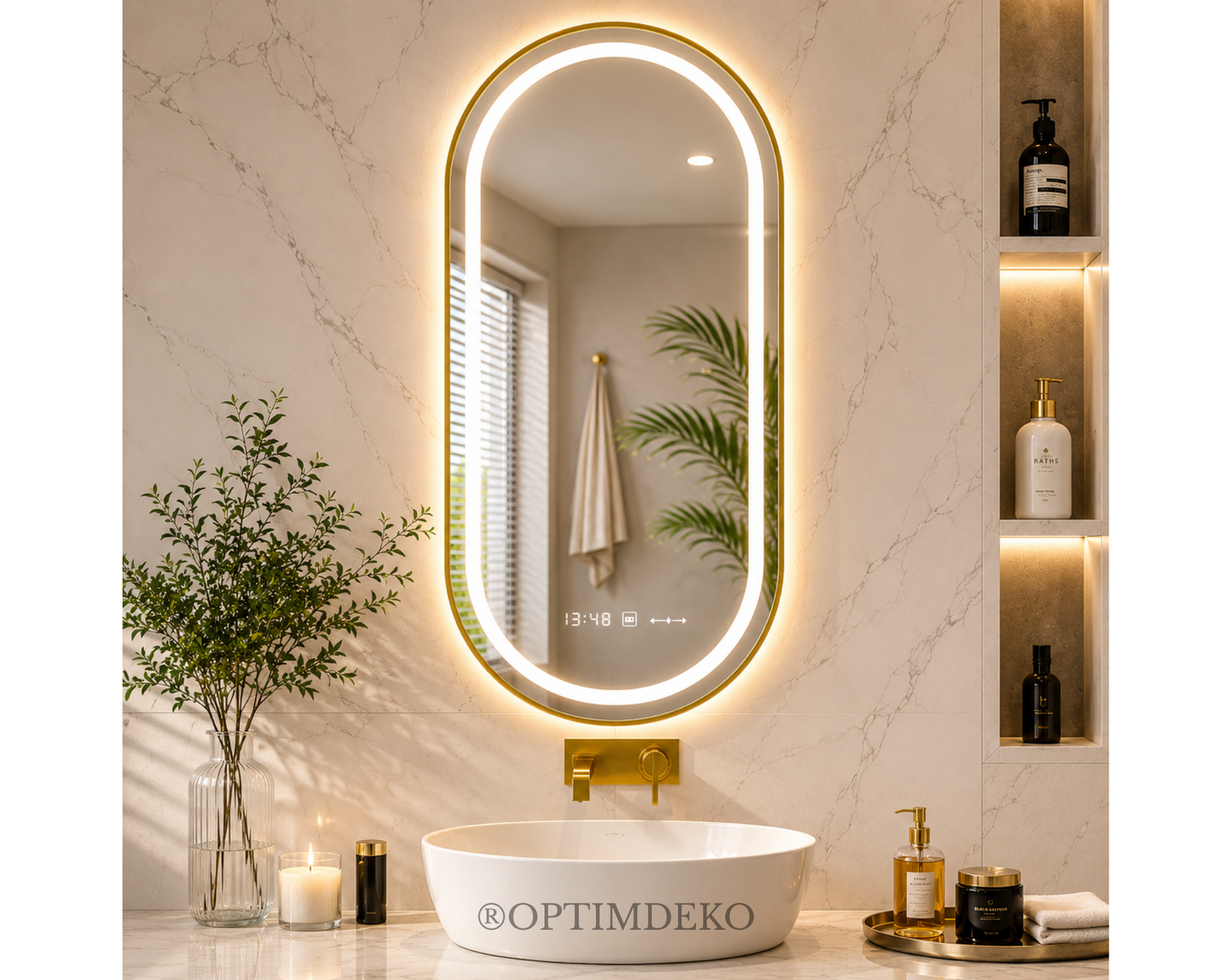 Oglindă LED Ovală W25/50x80 cm Roven MotionGlow cu Funcție Dezaburire, Ceas, Termometru și Iluminare LED Dimabilă, Ramă Aurie