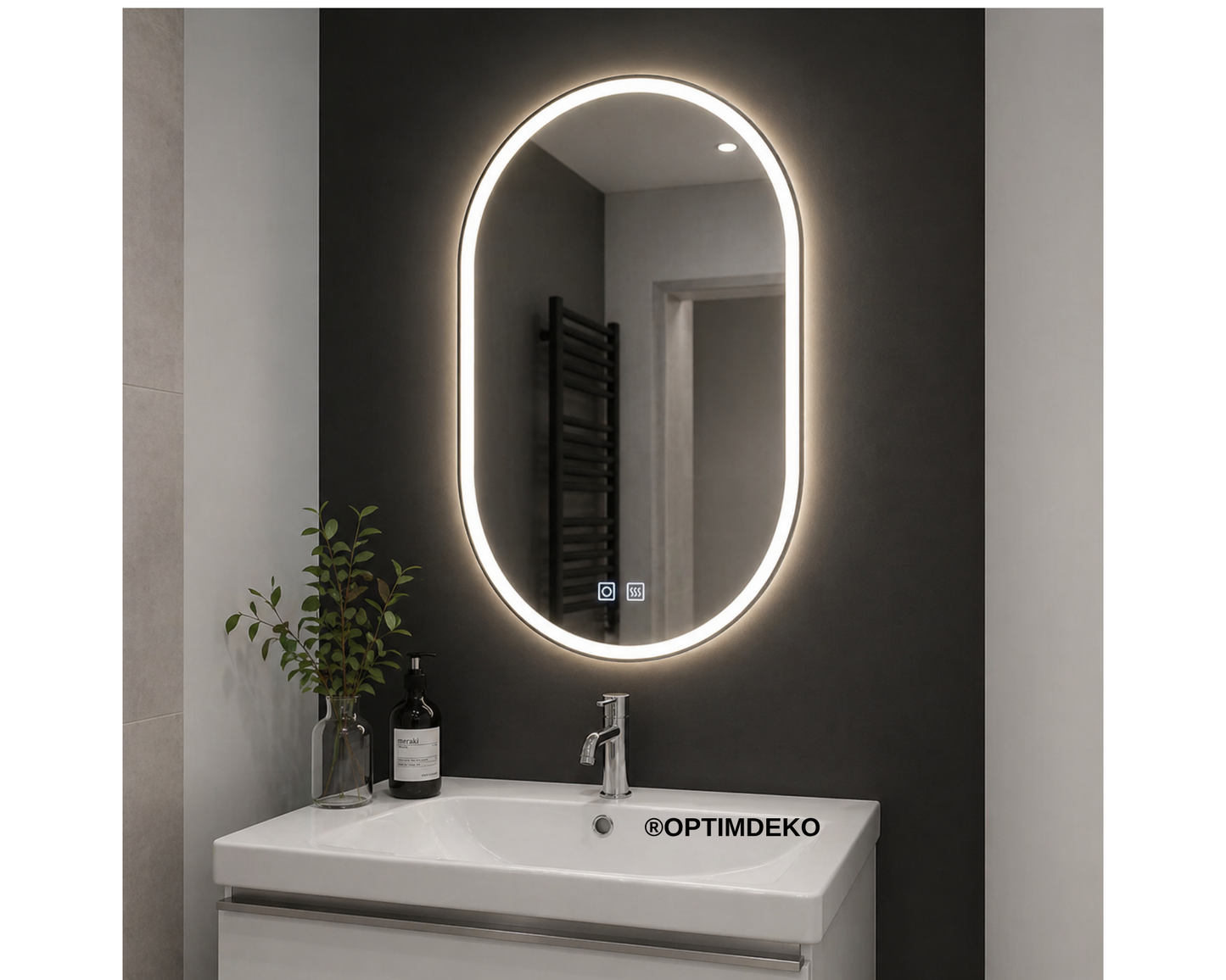 Oglinda LED din Colectia Marcello Funghi Ovala, cu Functie Dezaburire, Dimabila, Sistem Touch, model E06/50x80cm