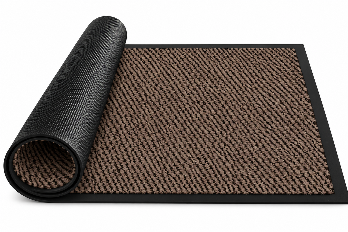 Covoras de Intrare ®OPTIMDEKO, 90 x 60 cm, Antiderapant, Absorbant si Antimurdarie, Striat, Baza din Cauciuc, Rezistent, pentru Interior si Exterior, Maro/Negru