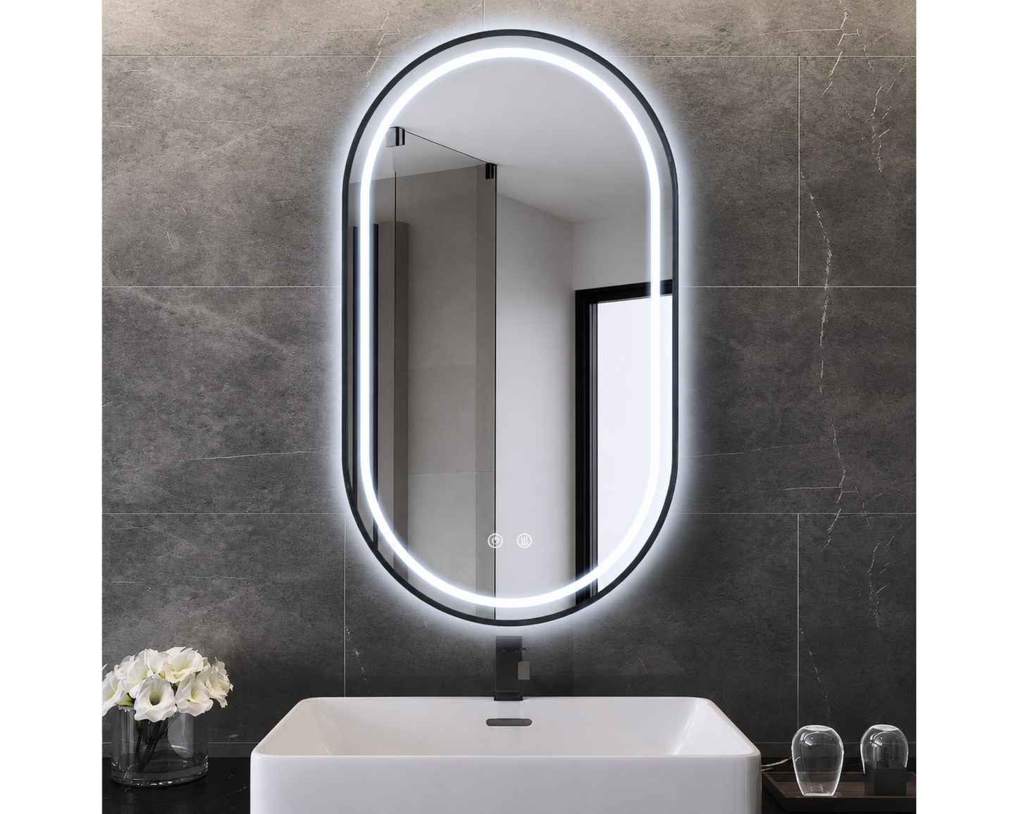 Oglinda LED din Colectia Marcello Funghi Ovala, cu Rama Neagra, si Functie Dezaburire, Dimabila, Sistem Touch, model E15/50x80cm
