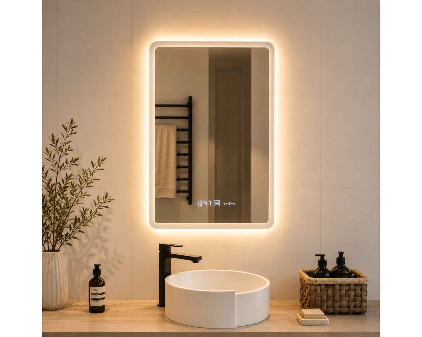 Oglindă LED Dreptunghiulară W21/60x80 cm MotionGlow cu Funcție Dezaburire, Ceas, Termometru și Iluminare LED Dimabilă
