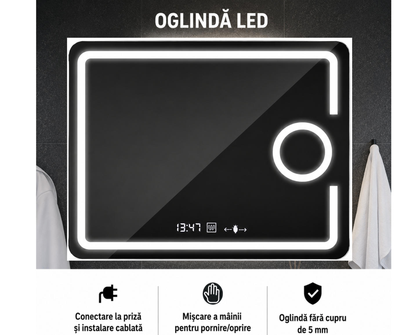 Oglinda LED Dreptunghiulara, cu Functie Dezaburire, Lupa Cosmetica si Sistem Touch, Colectia Marcello Funghi, W05 80x60cm