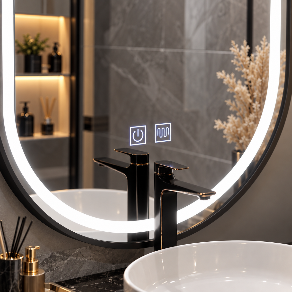 Oglinda LED din Colectia Marcello Funghi Ovala, cu Rama Neagra, si Functie Dezaburire, Dimabila, Sistem Touch, model E15/50x80cm
