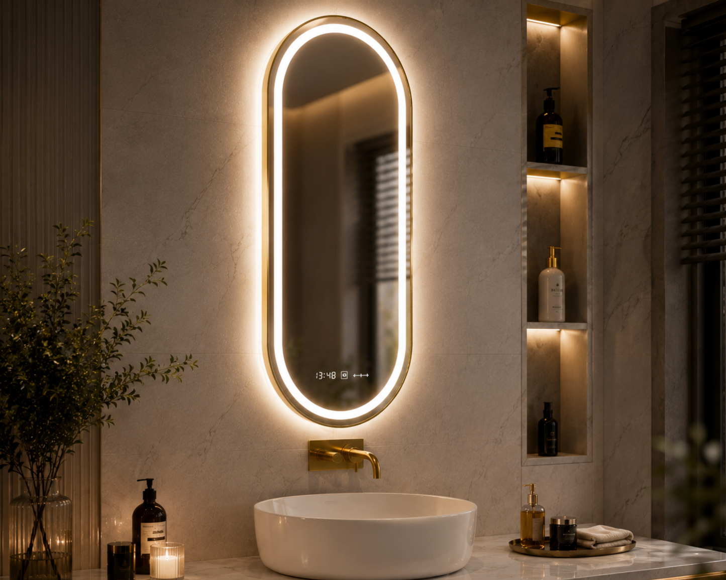Oglindă LED Ovală W25/50x80 cm Roven MotionGlow cu Funcție Dezaburire, Ceas, Termometru și Iluminare LED Dimabilă, Ramă Aurie