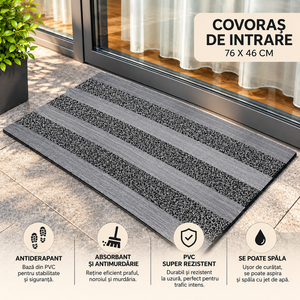 Covoras intrare cauciuc si polietilena antiderapant, modern, DM07, gri - 75x45 cm