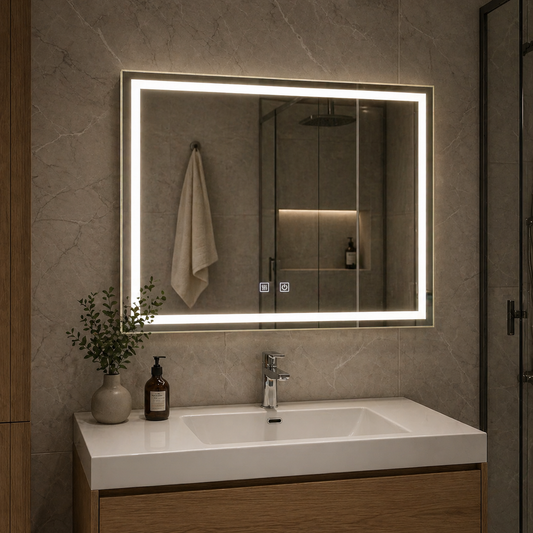 Oglinda LED Colectia Korman Technik Dreptunghiulara, cu Functie Dezaburire si Sistem Touch, Rama Aurie, model E10/80x60cm