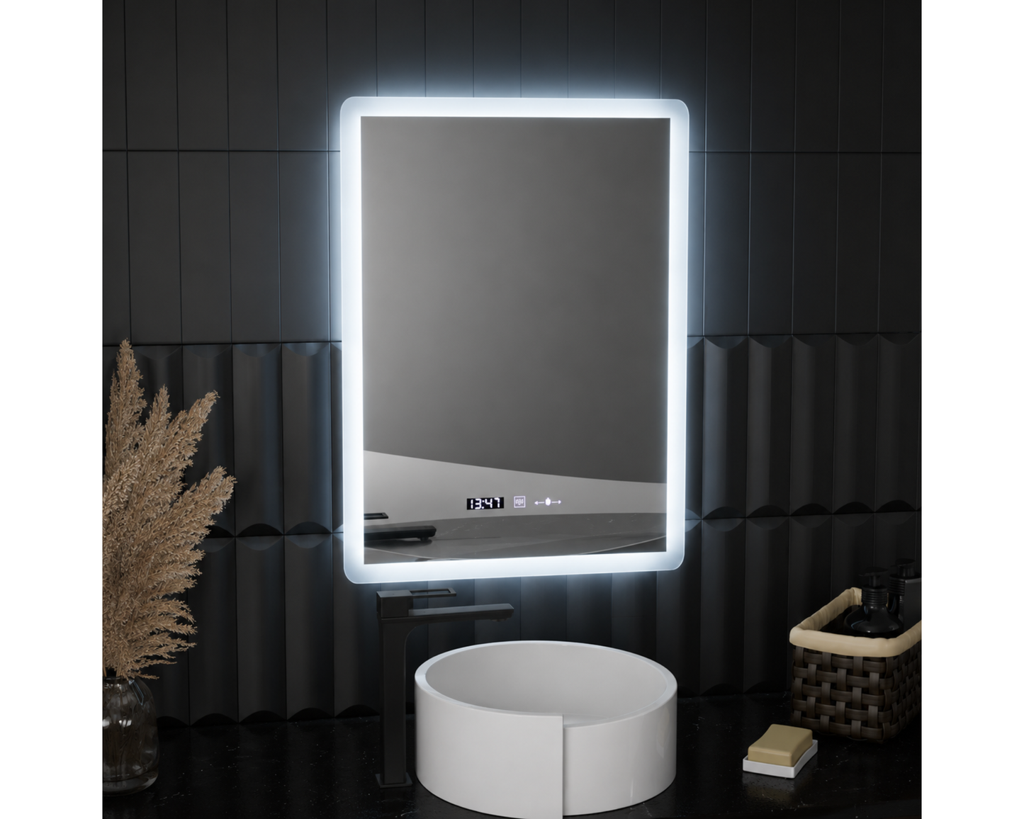 Oglindă LED Dreptunghiulară W21/60x80 cm MotionGlow cu Funcție Dezaburire, Ceas, Termometru și Iluminare LED Dimabilă