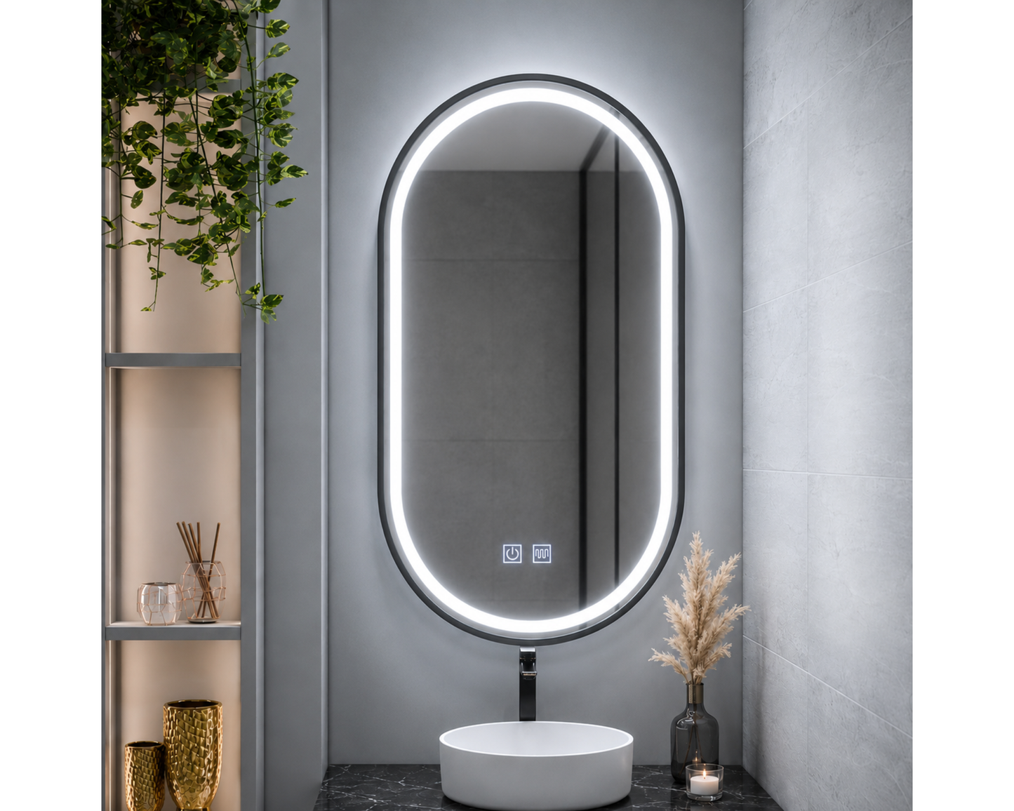 Oglinda LED din Colectia Marcello Funghi Ovala, cu Rama Neagra, si Functie Dezaburire, Dimabila, Sistem Touch, model E15/50x80cm