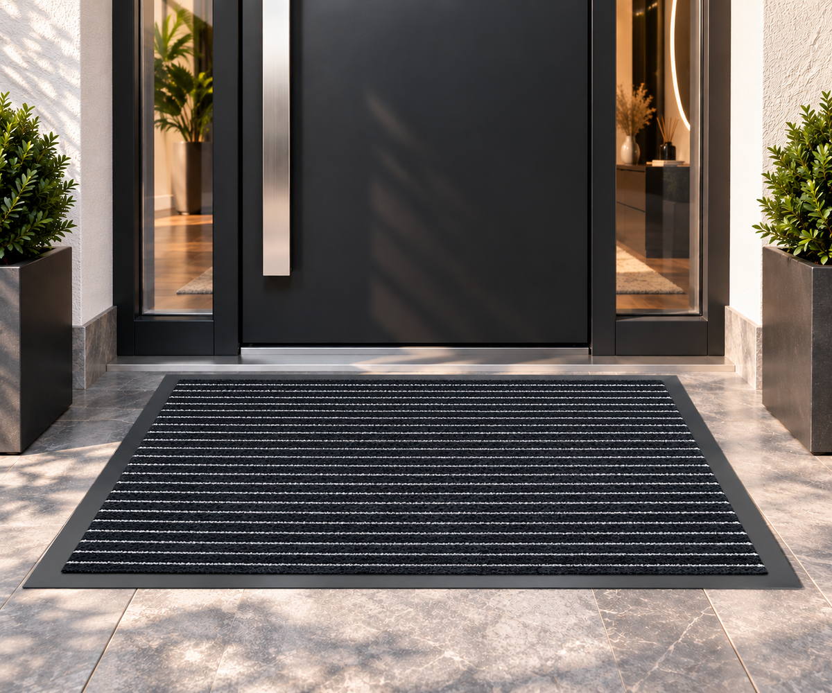 Covoras de Intrare OPTIMDEKO, 60 x 40 cm, Antiderapant, Absorbant si Antimurdarie, Baza din Cauciuc, Rezistent, pentru Interior si Exterior, Gri & Negru