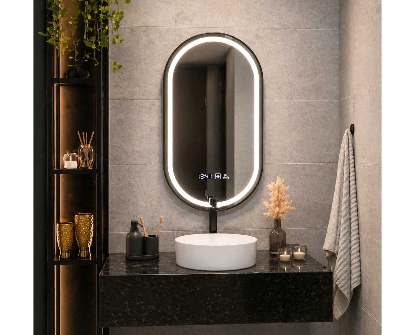 Oglindă LED Touch 50x90 cm cu Funcție Dezaburire, Ceas, Termometru și Ramă Negru Brushed – Colecția Marcello Funghi, model Helmut