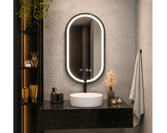 Oglindă LED Touch 50x90 cm cu Funcție Dezaburire, Ceas, Termometru și Ramă Negru Brushed – Colecția Marcello Funghi, model Helmut