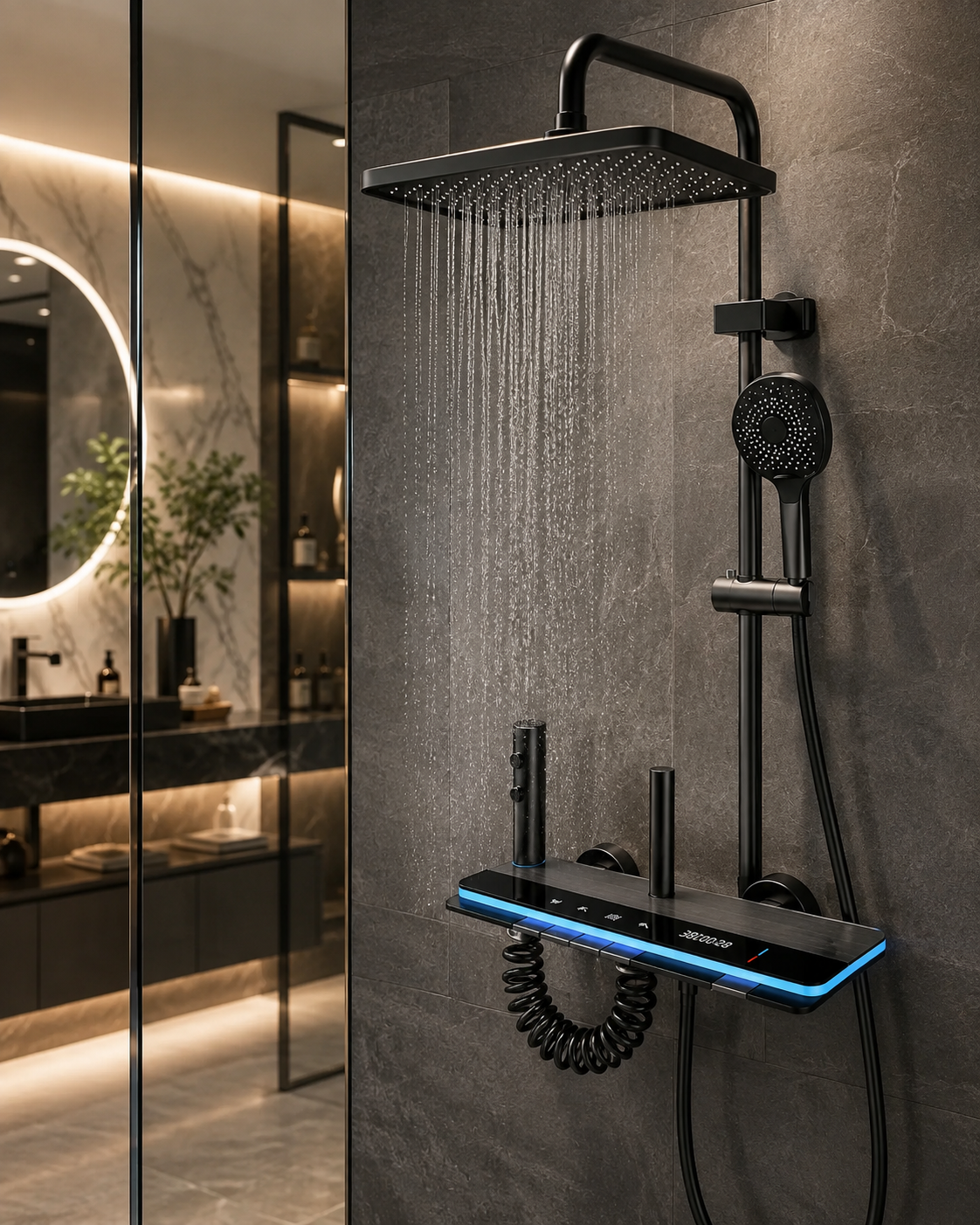 Coloana de dus MARX, Metal, Para Patrata, Efect Ploaie, 3 Functii, Montare Pe Perete, Negru, Accesorii Incluse