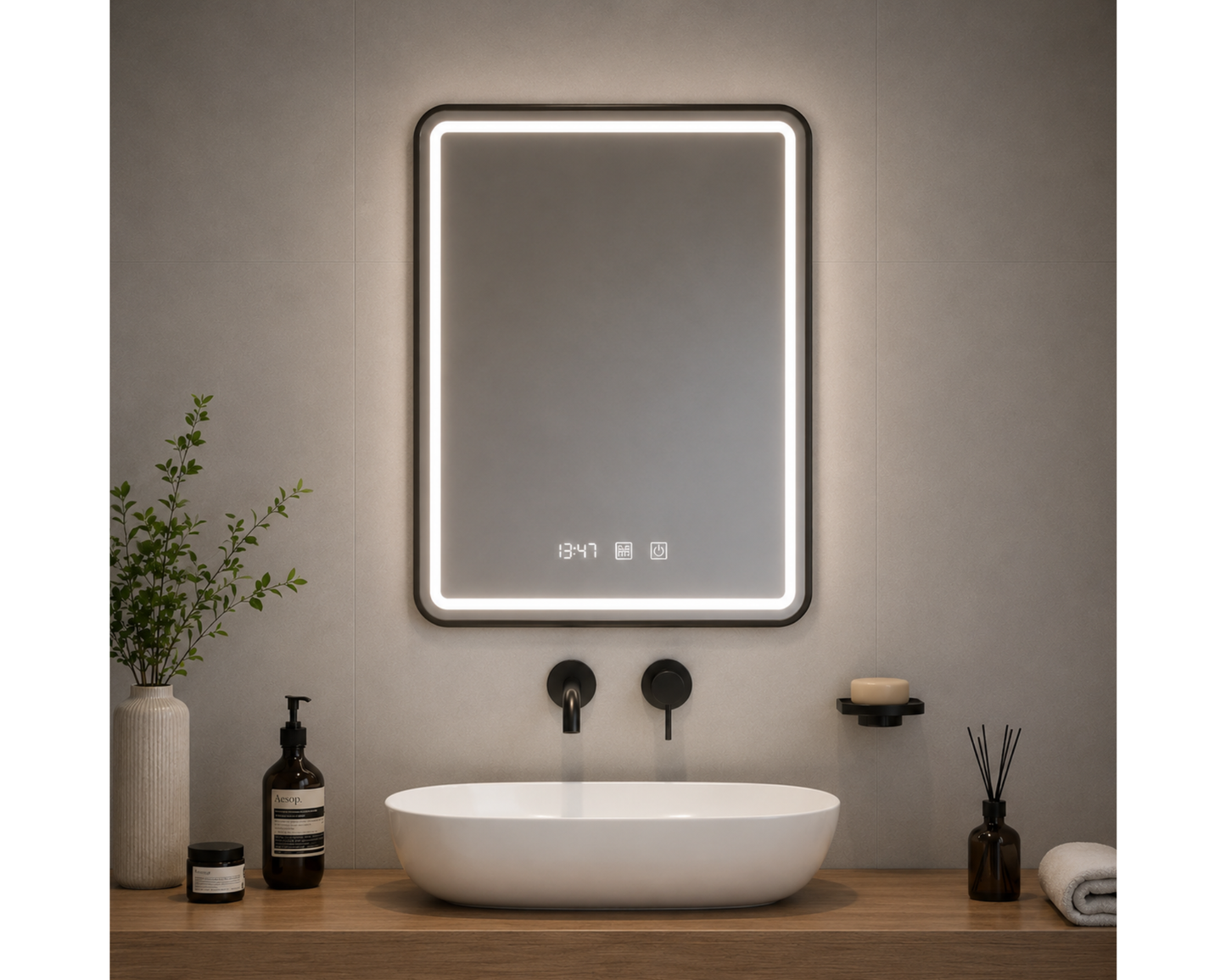 Oglindă LED Touch 60x80 cm cu Funcție Dezaburire, Ceas, Termometru și Ramă Negru Brushed – Colecția Korman