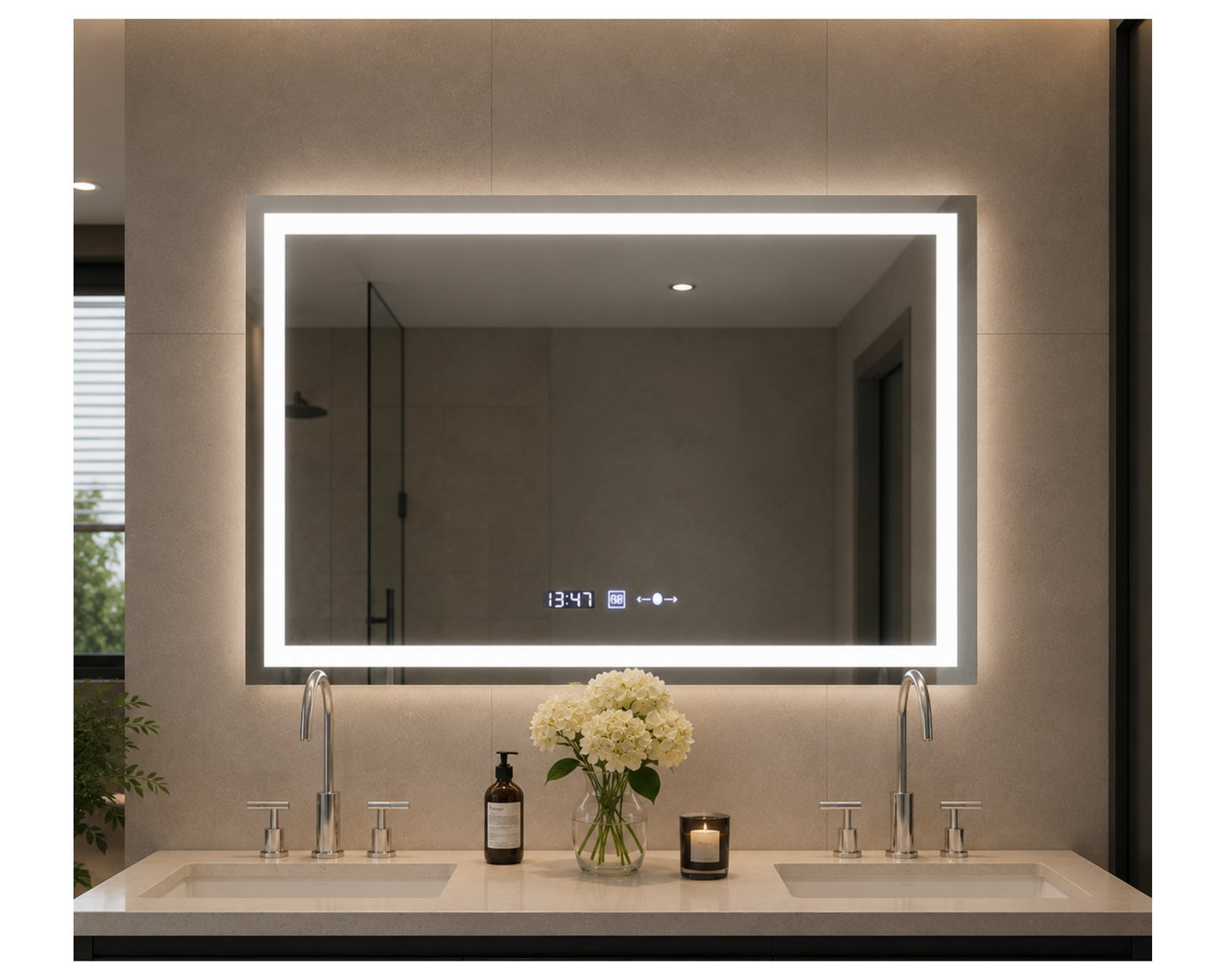 Oglinda Led Dreptunghiulara, cu Functie Dezaburire si Sistem Touch, Ceas si Termometru W09/80x60 cm