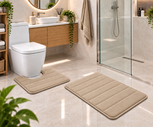 Covorase de Baie ®OPTIMDEKO, Spuma cu Memorie, 80x50 cm + 50x40 cm, Suprafata Moale si Absorbanta, Antiderapante, Lavabile, pentru Baie si WC, Crem