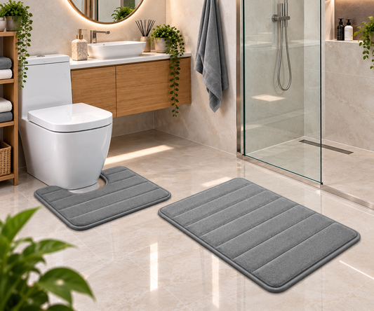 Covorase de Baie ®OPTIMDEKO, Spuma cu Memorie, 80x50 cm + 50x40 cm, Suprafata Moale si Absorbanta, Antiderapante, Lavabile, pentru Baie si WC, Gri